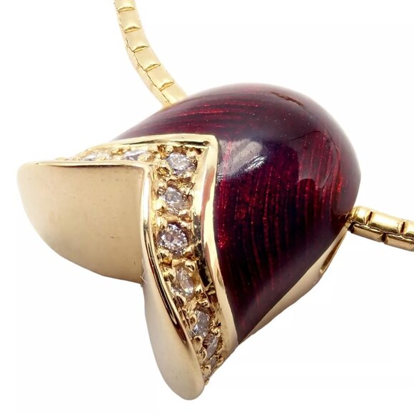 Authentic! Fabrege Diamond Tulip Red Enamel Pendant Necklace - Picture 3 of 11